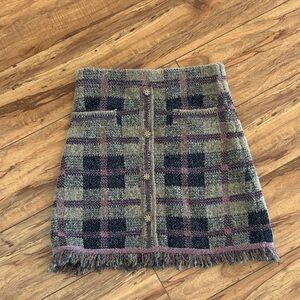 Plaid Wool Skirt with Fringe Hem